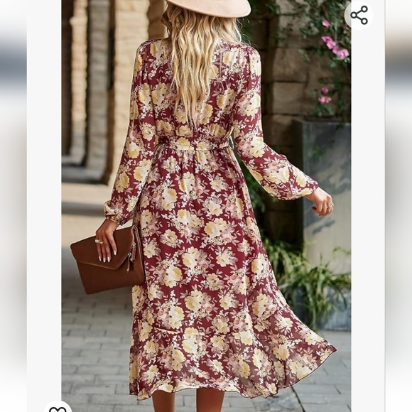 Womens Floral Boho Faux Wrap Midi Dress Size Small - Picture 2 of 16